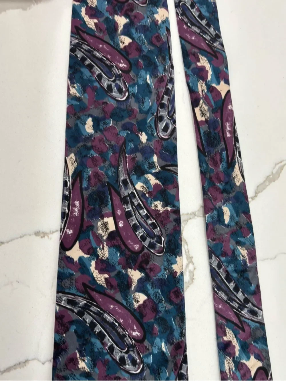 Vintage Kuppenheimer Premier Teal Blue Purple Paisley Abstract Pattern Silk Tie